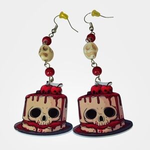 Skull Cake Charm Earrings W/White Howlite Skulls & Red Glass Beads NWOT